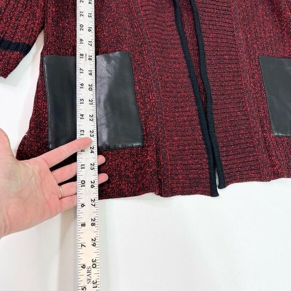 Ming Wang Cardigan Sweater Womens PL Red Open Front Faux Leather Pockets Knitted - Picture 7 of 11
